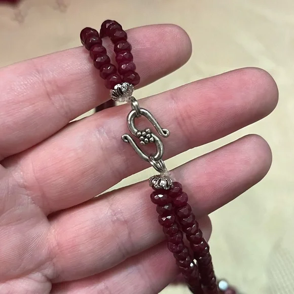 VTG Boho Bali Style Faux Ruby Pearl Beaded Silver Tone Metal Necklace - Picture 4 of 8